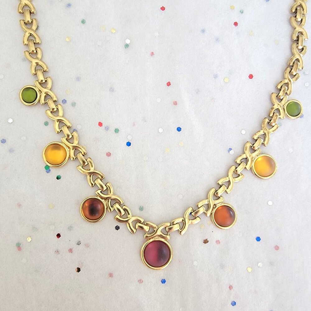GLOWING GLASS CABOCHON GOLD TONE NECKLACE MULTICOLOR NEW